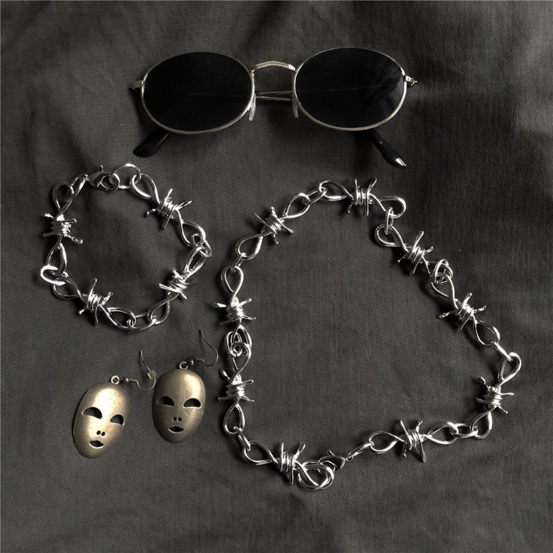 SIY  1 Set Men's Punk Gothic Alloy Barbed Wire Brambles Necklace Bracelet Jewelry Set