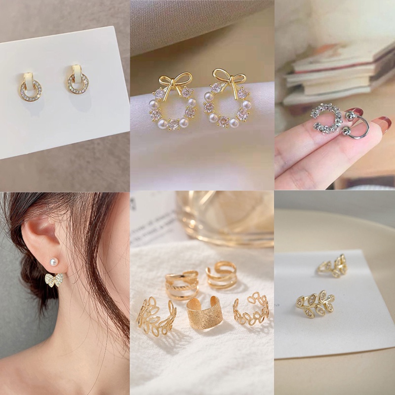 Anting titanium Fashion Korea Berlian anting Mutiara Sepasang Garland anting emas Aksesoris