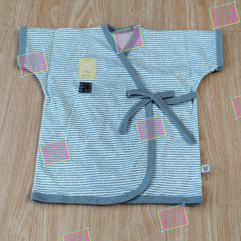 Baju Bayi Kimono Pendek NARY Size 0-3 / 3-6 bulan Warna / Putih Katun Premium Newborn SNI (KPDK)-Salur-DenimAbu