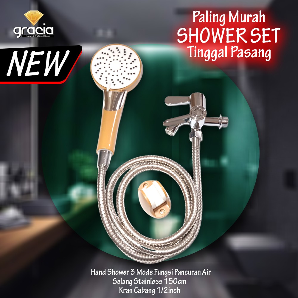 Kepala Hand Shower Head Mandi Gold 3 Mode Besar Selang + Kran Cabang / Spray Bidet