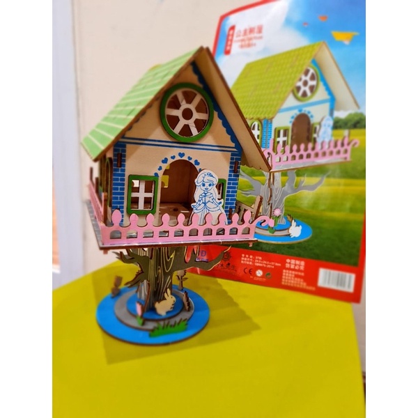 Puzzle 3D DIY bahan kayu model Princess Tree House mainan puzzle edukasi anak (kado dan pajangan)