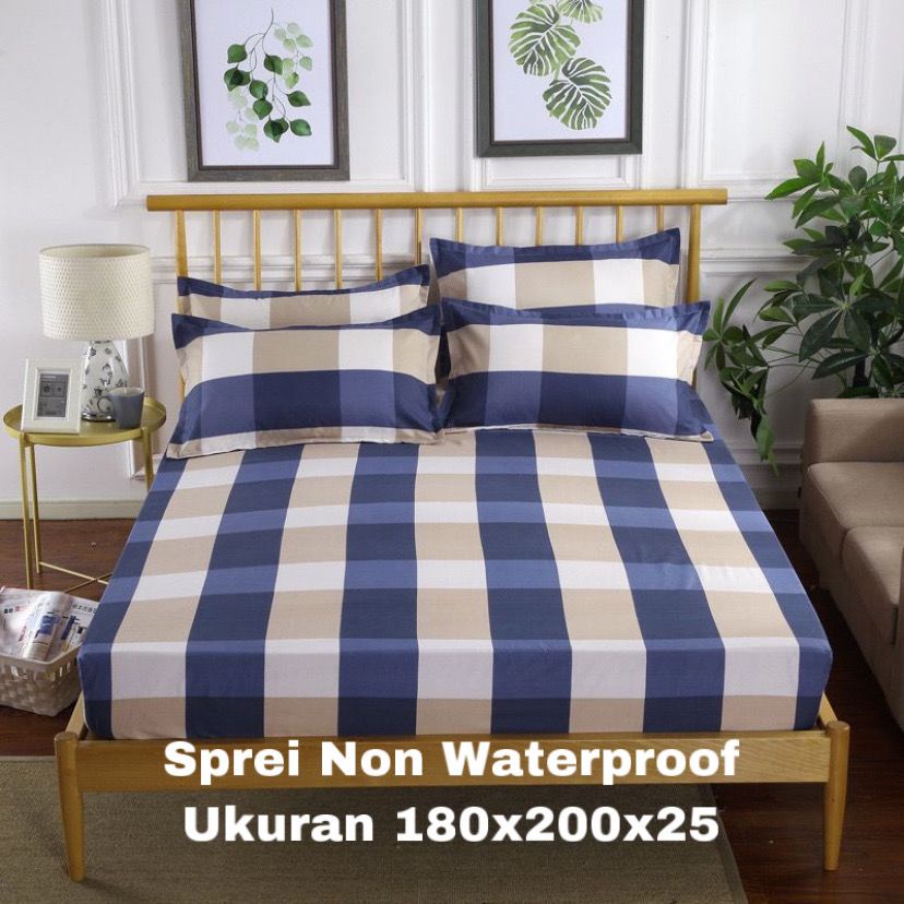 SPREI WATERPROOF UKURAN 180X200X25cm / SPREI ANTI AIR-NAVY KOTAK