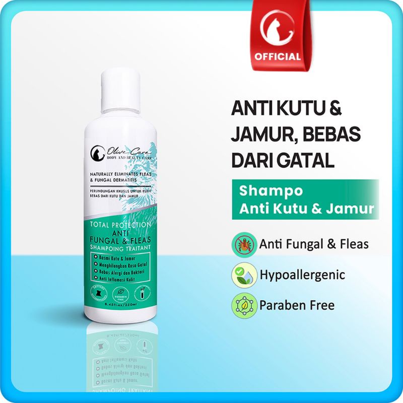 Olive Care Shampo Kucing Total Protection Anti Fungal &amp; Fleas Atasi Jamur, Kutu dan Bebas Gatal