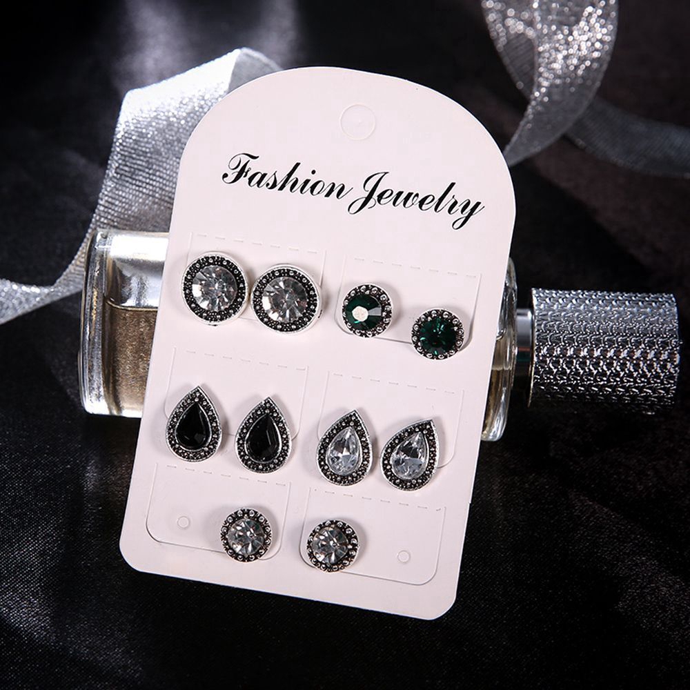 5 Pasang / Set Anting Tusuk Batu Permata Cubic Zirconia Bentuk Tetesan Air Warna Hijau / Hitam