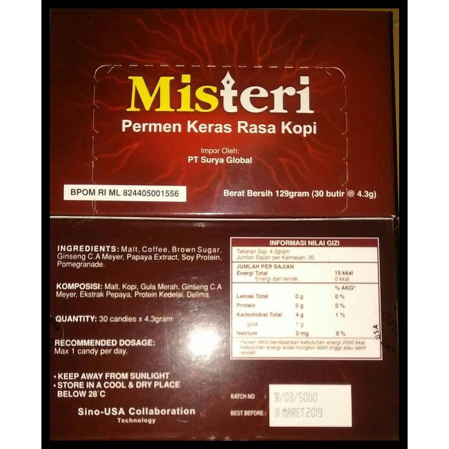 

DISKON Misteri Ginseng & Coffee Energetic Candy (Permen Kopi) Bpom Isi 30Pcs