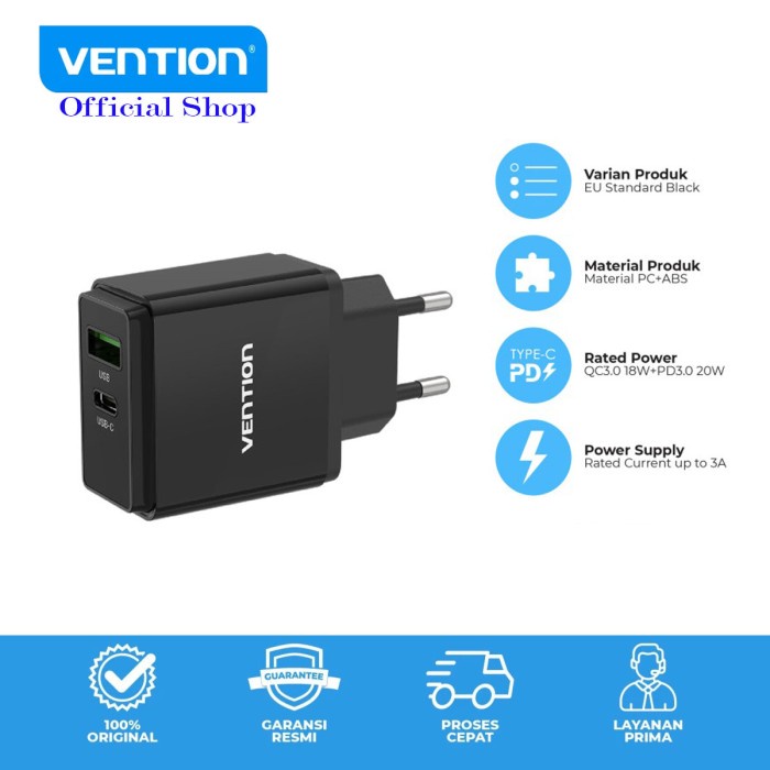 Vention USB-C Charger 2 in 1 PD3.0 20W QC3.0 18W Wall Charger