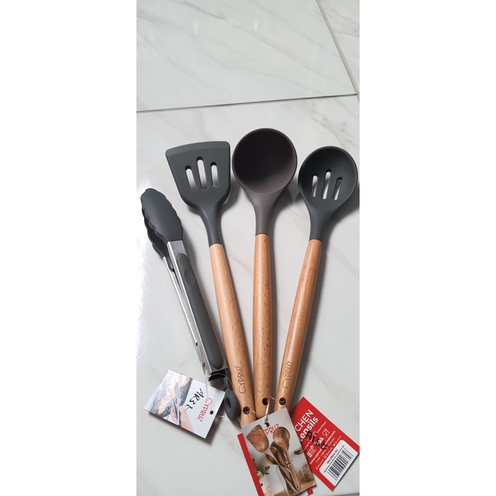 Paket Spatula Cypruz Sodet Silikon Gagang Kayu Silicone Abu Set