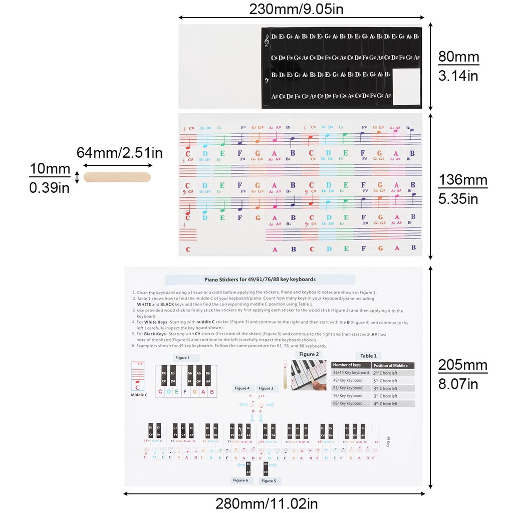 Stiker Not Balok 25 / 49 / 54 / 61 / 88 Tuts Piano / Keyboard Elektronik Transparan Warna-Warni