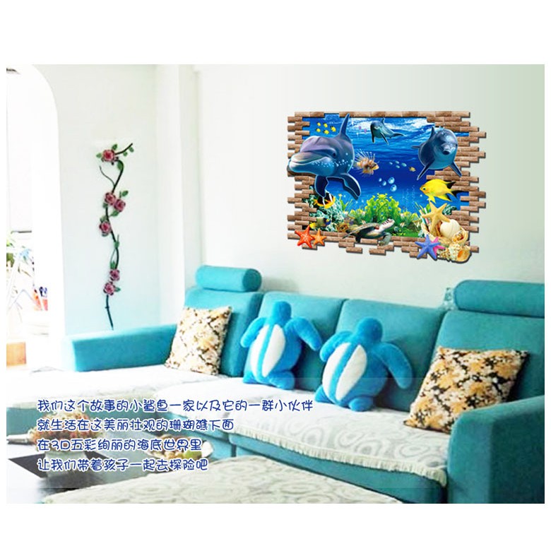 RELIZA WALL STICKER JENDELA 2D 3D IKAN LUMBA LUMBA FISH DOLPHINS STIKER DINDING AY9706