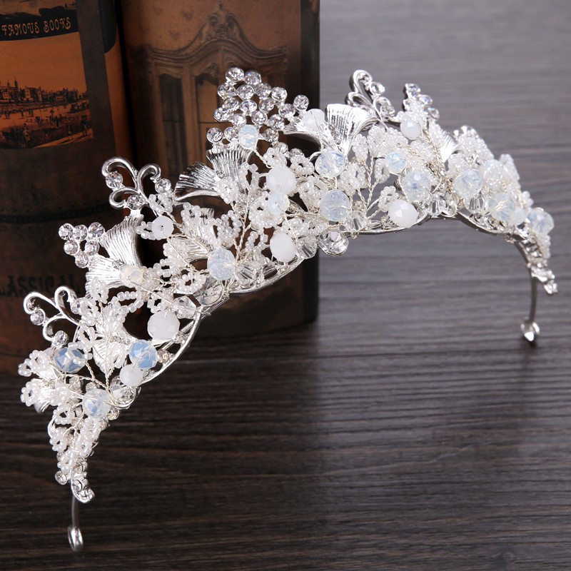 Tiara Kristal Ginkgo Biloba Warna Silver untuk Pernikahan / Ulang Tahun