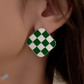 DEARMODIS ANTING60 925 jarum perak anting-anting kotak-kotak perhiasan niche menyenangkan retro kota