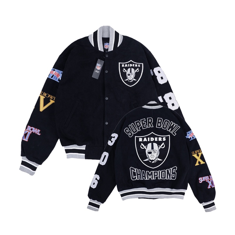 JAKET VARSITY TWILL RAIDERS SHIELD OAKLAND AMERICAN FOOTBALL SPORT G-III NFL CHAMPIONS CANVAS SUEDE 