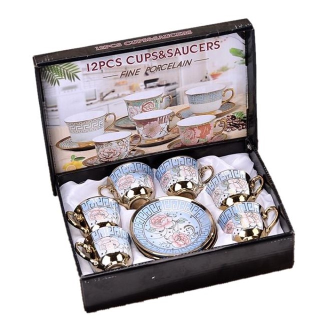 UNIK - H892 (12 PCS) Set Gelas Piring Kaca / Cangkir & Piring Keramik European Style / Gelas Kopi-Biru Muda