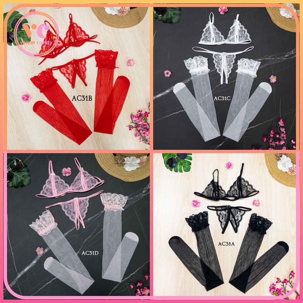 [TOKO TERPERCAYA] LEGGING STOCKING SEXY LACE DAN BRA CD G STRING UNDERWEAR WANITA HITAM AC-AD31