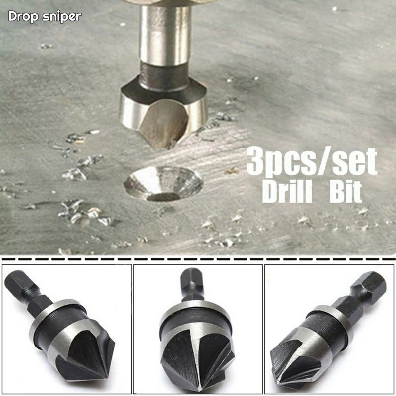 Set 3pcs Mata Bor Besi Countersink Lubang Kepala Sekrup Baut