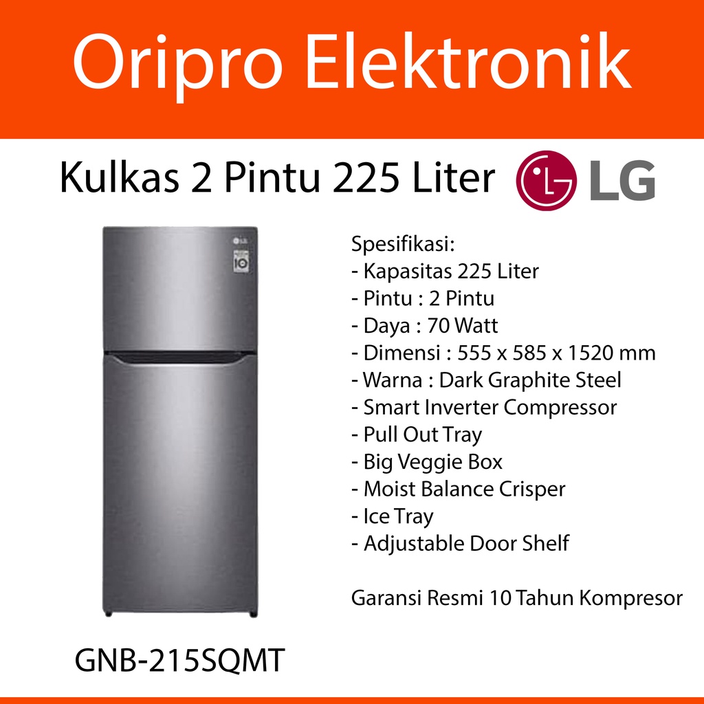 Kulkas 2 Pintu 225 Liter Inverter LG Dark Graphite Steel GNB-215SQMT
