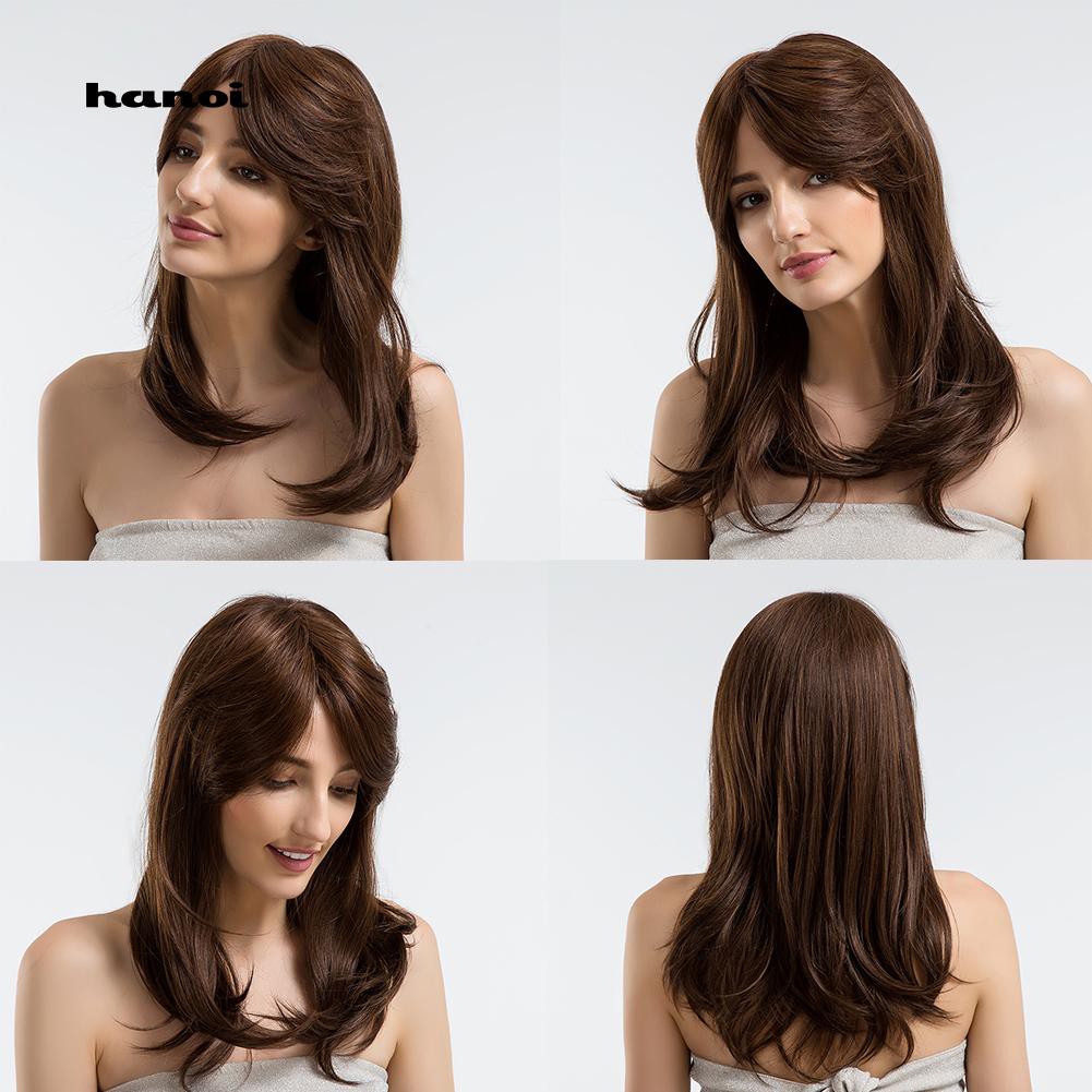 Hn Elegant Natural Dark Brown Slanting Bangs Wavy Tail Women Wig