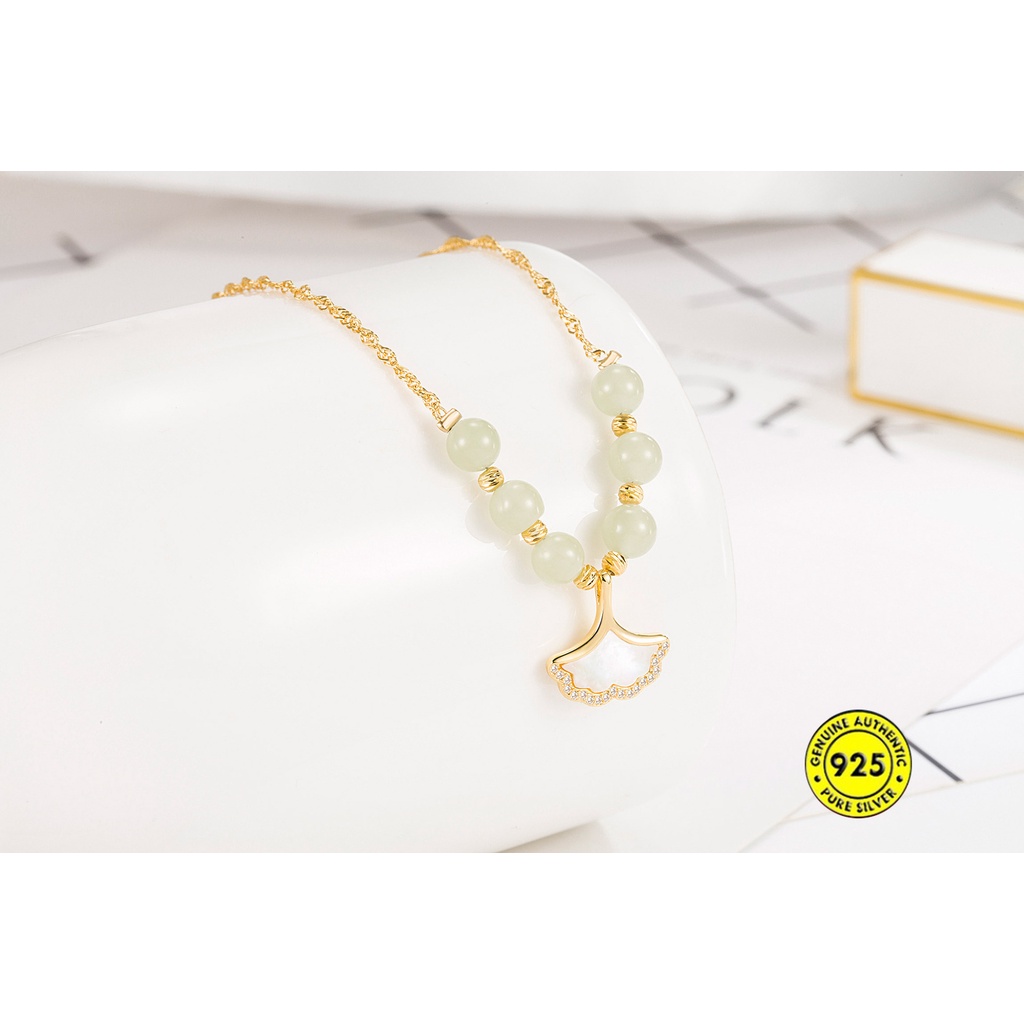 Kalung Rantai Sterling Silver 925 Dengan Liontin Daun Ginkgo Jasper Putih Untuk Wanita