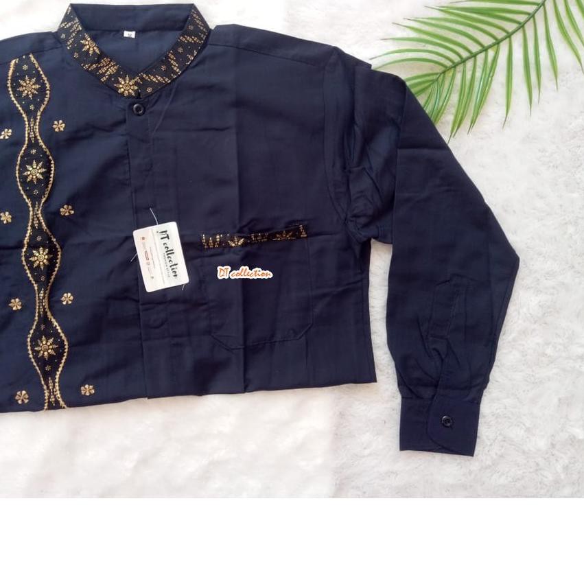 ❂ - DT COLLECTION - KEMEJA BATIK MUSLIM BORDIR GOLD PRIA COWOK NAVY LENGAN PANJANG ♧