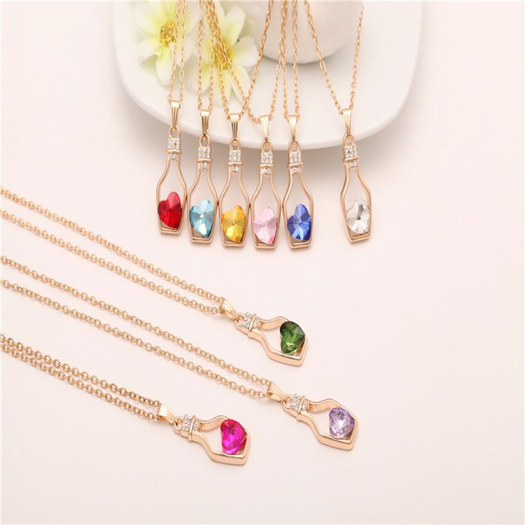 SEUSUK Creative Korean Fashion Popular Wishing Bottle Necklace Flash Diamond Peach Heart Austrian Crystal Pendant Drifting Bottle Strong Chain Female