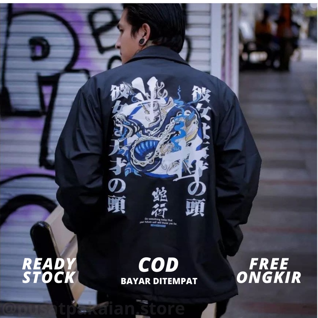 JAKET COACH HITAM PRIA MURAH GAMBAR SNAKE BLUE DRAGON / JAKET COACH ERIGO JAPAN ORIGINAL 100% / JACK