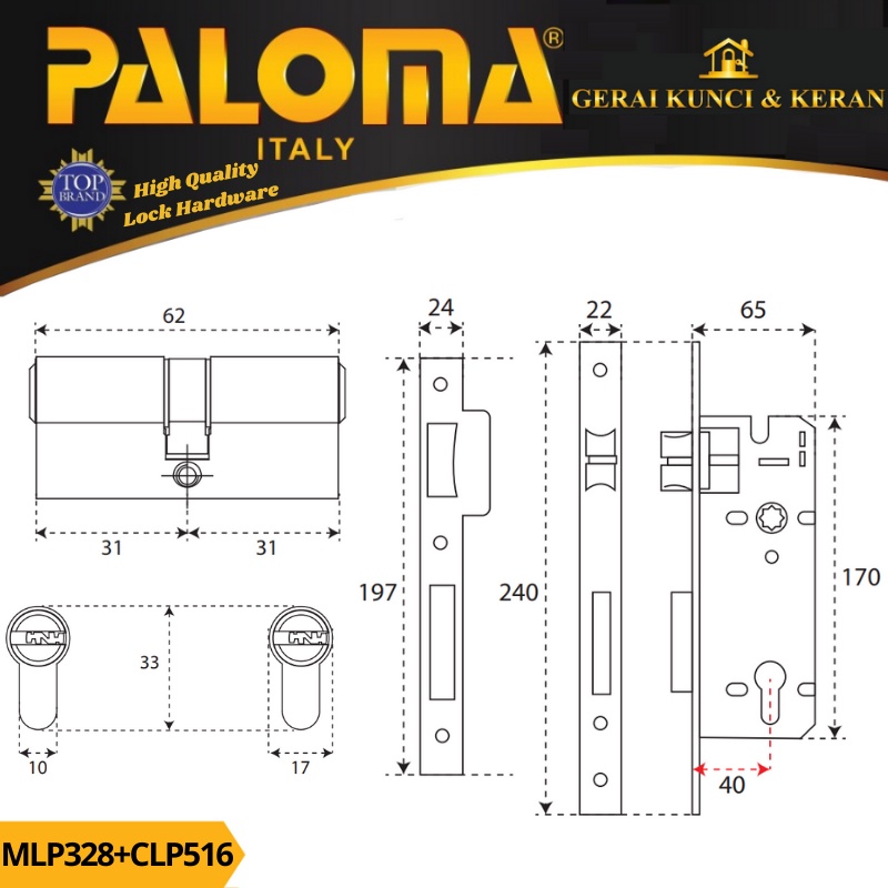 PALOMA MORTISE LOCK SET CYLINDER MLP 328 CLP 516 KUNCI BODY SWING BACSKET 40MM CYLINDER 62MM HITAM BLACK MATTE