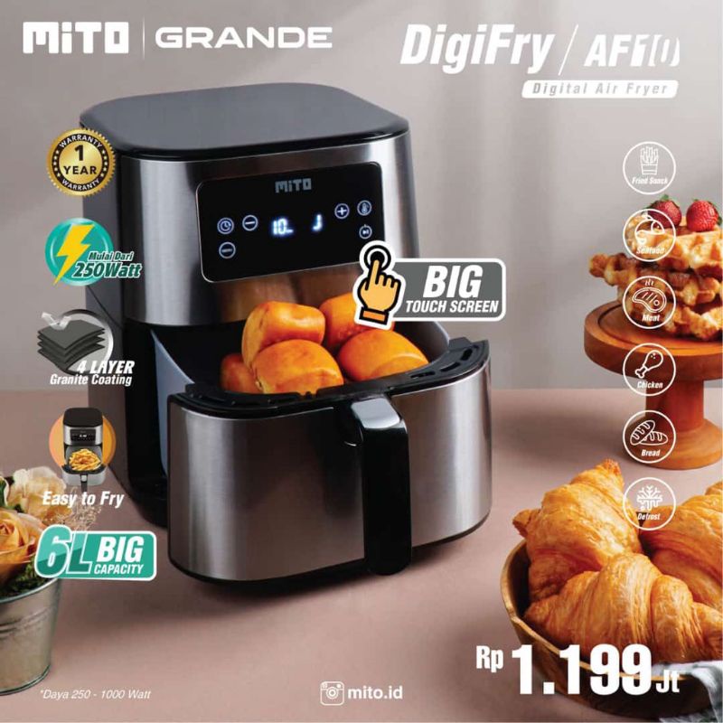 AIR FRYER PENGGORENGAN TANPA MINYAK AF10 AF 10 GRANDE MITO MITOCHIBA TOUCH SCREEN ORIGINAL GARANSI RESMI