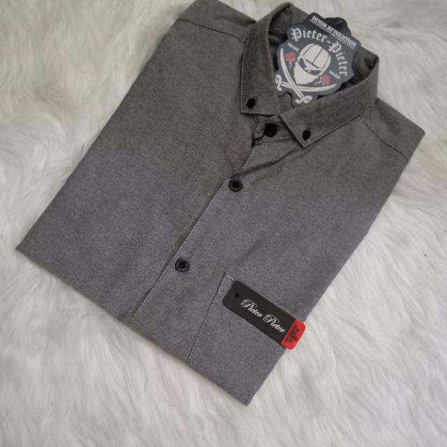 KEMEJA PRIA BOYI TOP MAN LENGAN PANJANG PENDEK KASUAL FORMAL KERJA KANTOR POLOS PUTIH HITAM WHITE-Kemeja pendek abu