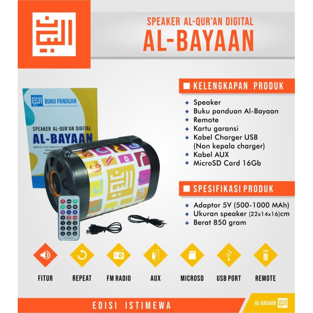 Speaker Murottal Al Qur'an Al Bayaan 16 GB, Speaker Portable Remote Control, free tasbih kayu gaharu