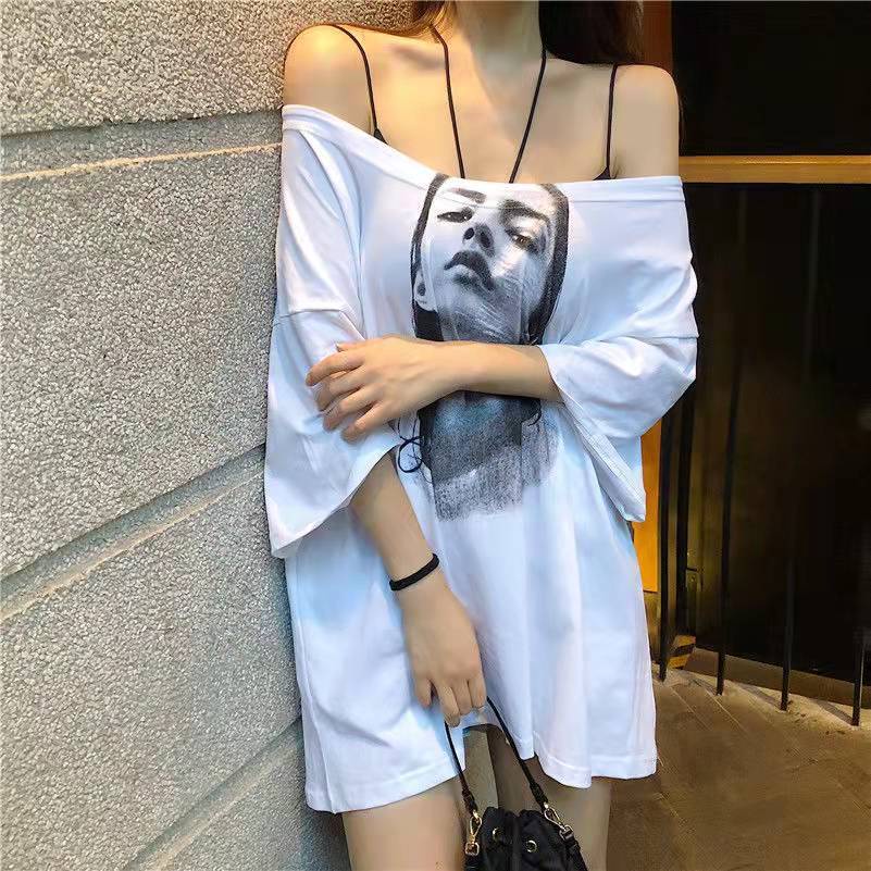 pro kata-neck off-the-shoulder lengan pendek T-shirt wanita musim panas mid-length besar setengah le