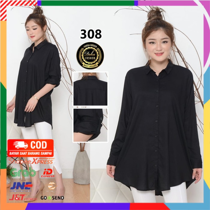 ✨ BISA COD ✨ kemeja tunik polos lengan sekoder #308# - Hitam