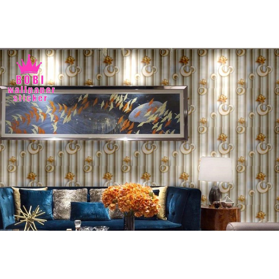 Wallpaper Sticker Motif bunga gold garis abu 6054-1 / Wallpaper New 2020 / Ukuran 9mx45cm