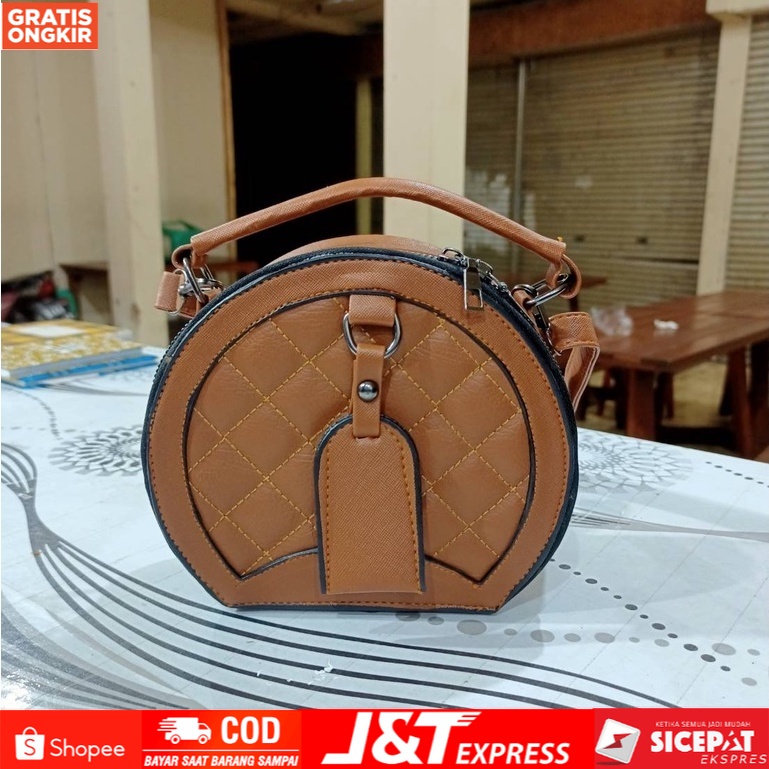 TAS SELEMPANG WANITA BORDIR BENTUK BULAT MOTIF KOTAK LUCU GAYA KOREA CB1829-8 TALI PANJANG TAS REMAJ
