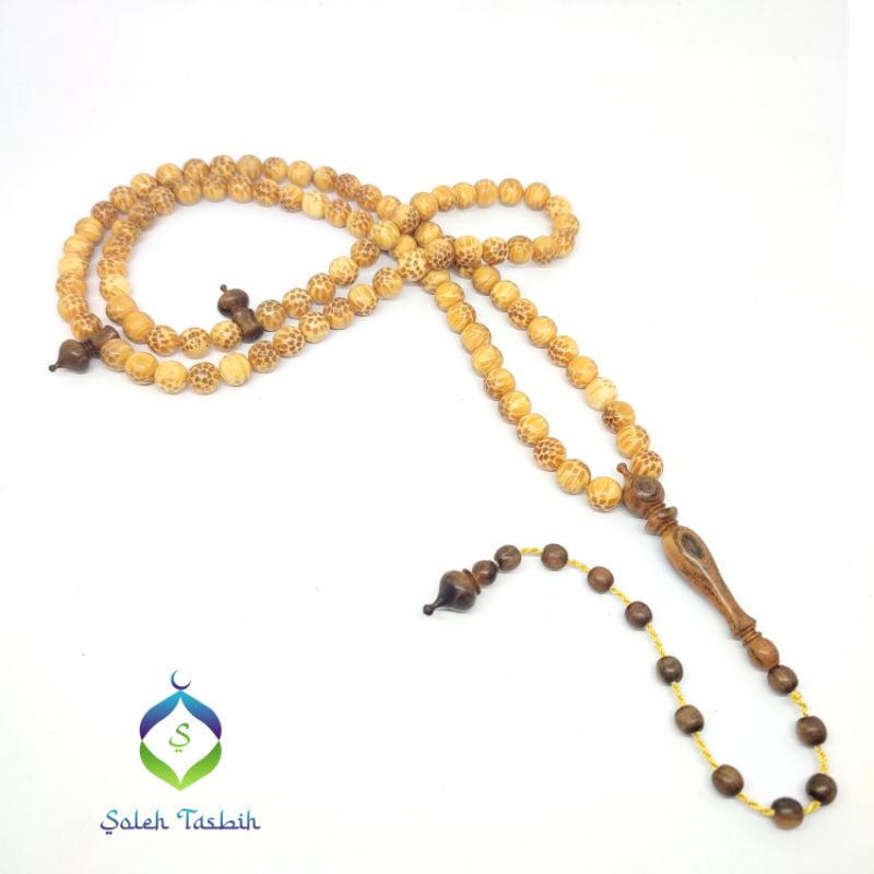 Tasbih Kayu Liwung Putih/Nibung Asli, Size 9mm Motif Bulat_Tasbih Muslim 99 Butir