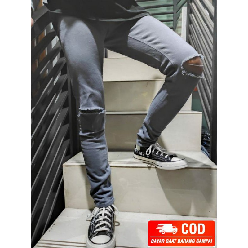 Celana Jeans Abu - Abu Slimfit Jeans Stretch Dark Grey Ripped  Pria Murah Lebay