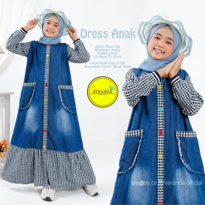 Anjani Gamis Jeans Anak Perempuan Tanggung Usia 9-12 Tahun Baju Maxy Dress Rempel Susun Kotak Kotak 