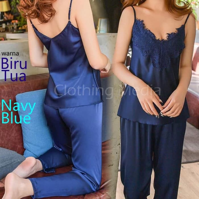 Baju Tidur Celana Panjang Premium Silk Satin Set Piyama Bunga Lingerie