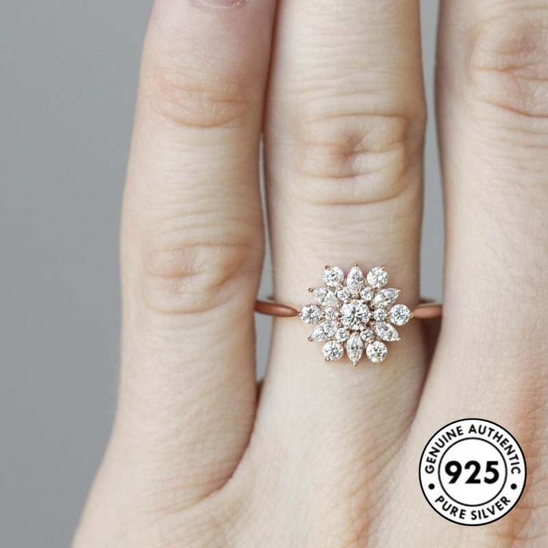 Cincin Desain Snowflake Aksen Berlian Bahan S925 Silver Warna Rose Gold