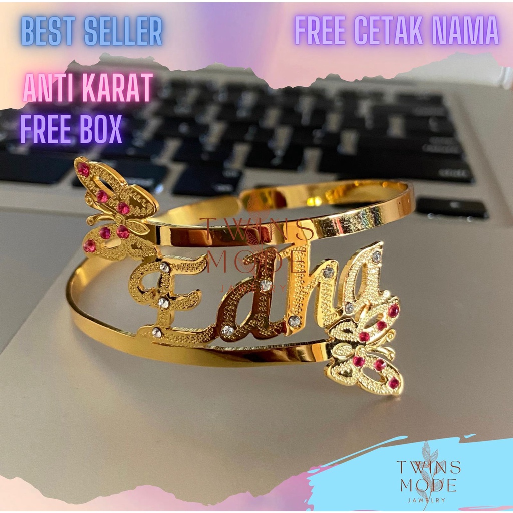 Gelang Nama Hits Perhiasan Nama TITANIUM LAPIS EMAS MURNI motif kupu original twinsmode