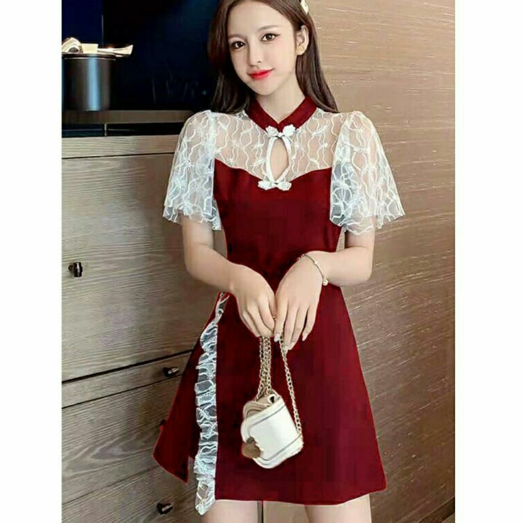 0420 CNY 2in1 Setelan baju mini dress set celana hotpant kerah shanghai merah wanita import baju dre