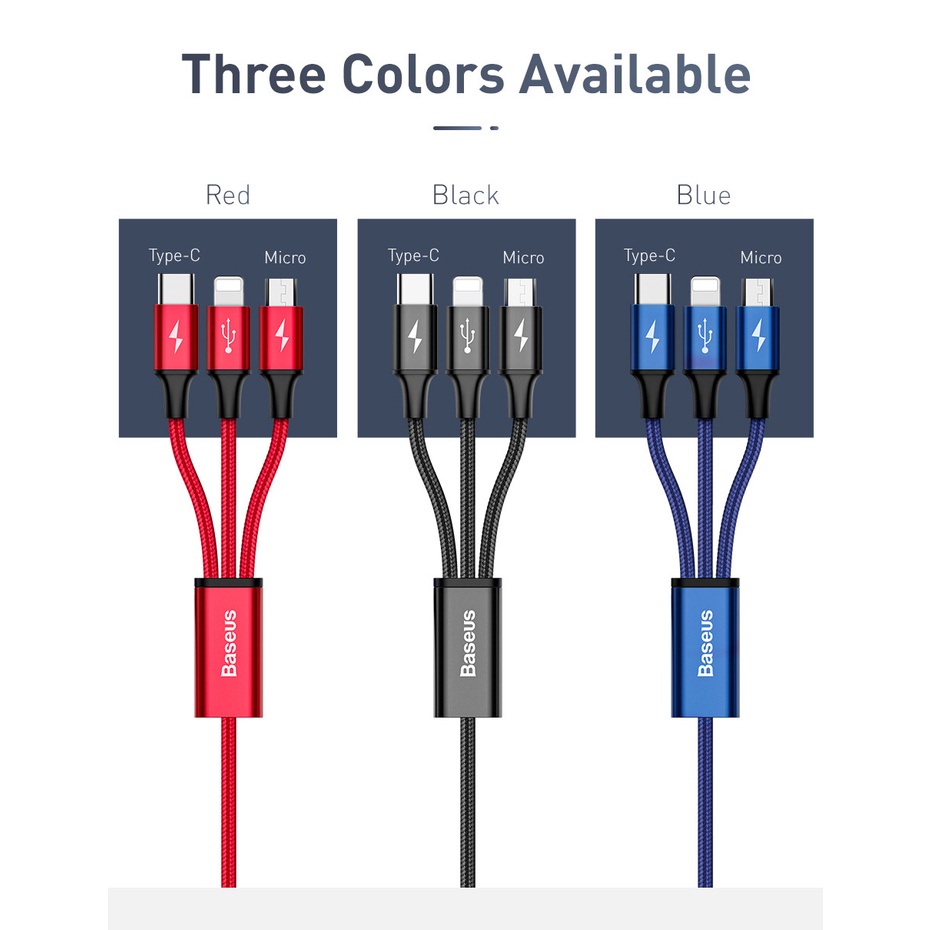 Baseus Kabel Data / Charger 3 In 1 3.5A IP Micro USB / Type C Fast Charging 1.2M Untuk Handphone