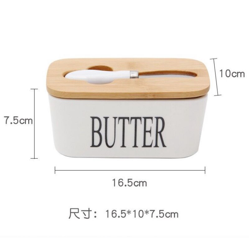 (BOW) Kotak Penyimpanan Mentega Butter Bahan Keramik Butter Storage Dengan Pisau Oles Dan Tutup Kayu