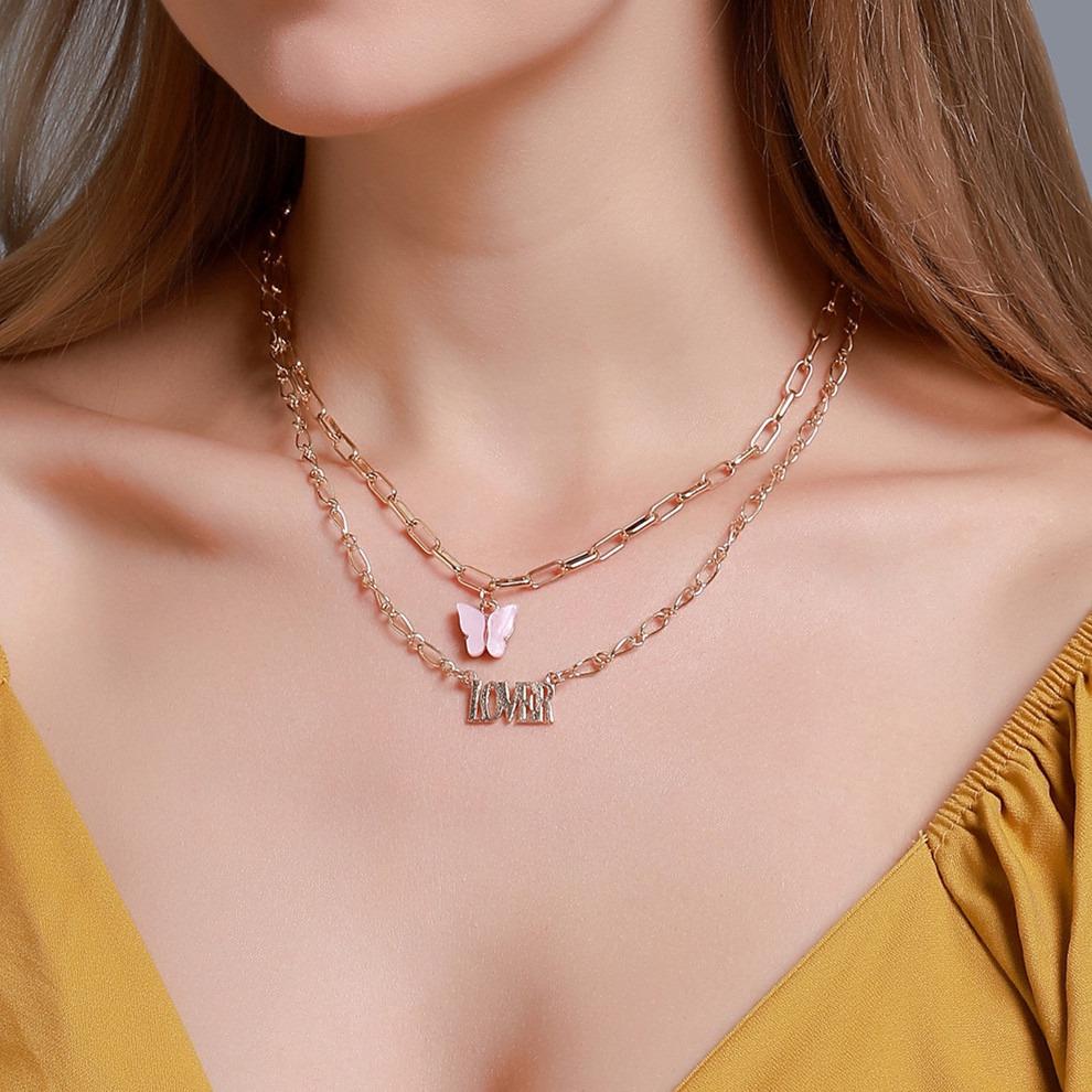 Kalung Kupu-kupu Akrilik Ganda Mode Inggris Alphabet Pendant Klavikula Rantai 2020 Aksesoris Pribadi Wanita Baru