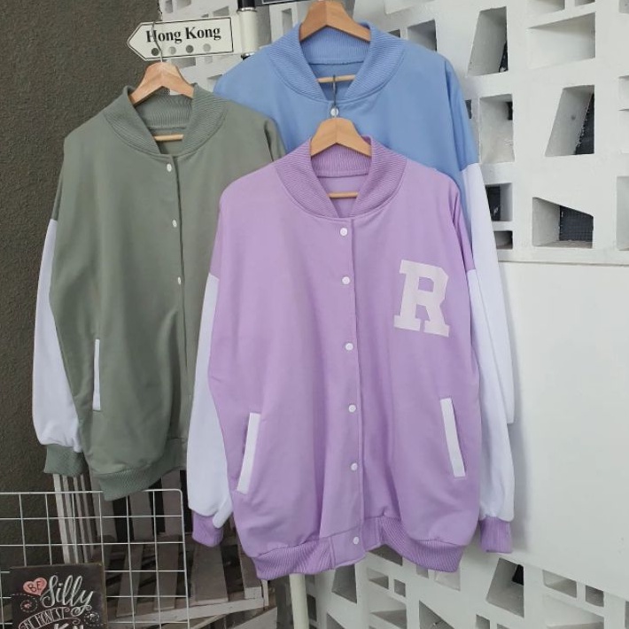 R Baseball Oversize XXL LD 130 - Jaket Baseball Varsity Wanita Pria Oversize Big Size Jumbo Korean S