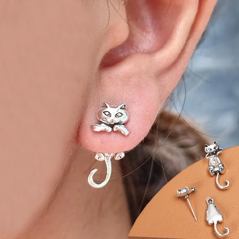 1 Pasang Anting Stud Tindik Desain Hewan Kucing Geometris Gaya Retro Gothic Punk Korea Untuk Wanita