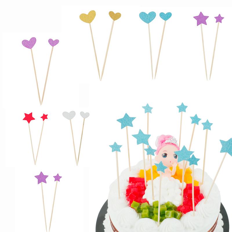 12pcs Topper Kue Ulang Tahun / Pernikahan / Natal Bentuk Hati / Bintang Diy