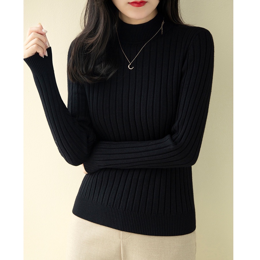 Sweater tebal rajut ramping baru untuk setengah turtleneck wanita musim gugur