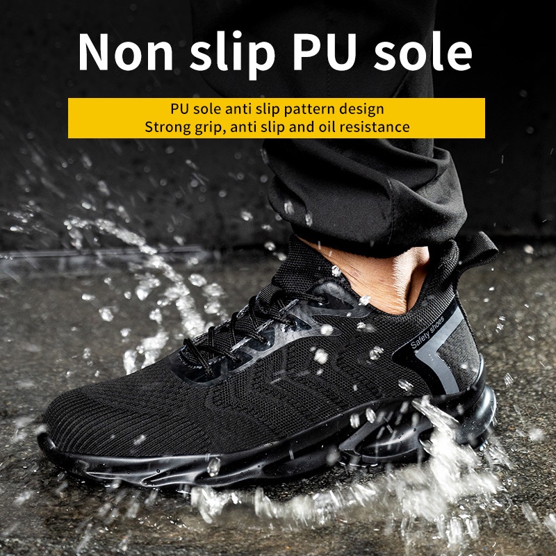 Sepatu Sneakers Safety shoes hitam sporty pria dan wanita ringan Lapisan besi di ujung ada big size ukuran jumbo besar V5