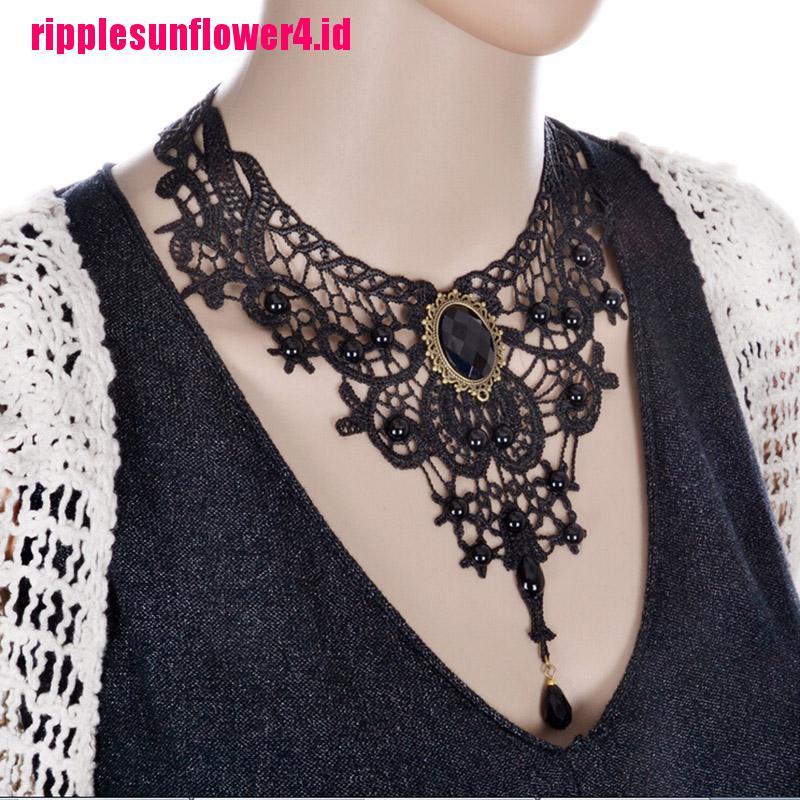 Kalung Choker Bahan Lace Warna Hitam Gaya Victorian / Steampunk / Gothic Untuk Wanita