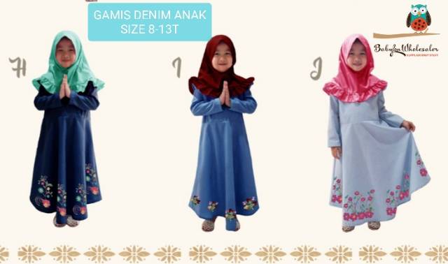 Gamis denim anak set hijab / Baju muslim anak perempuan LR197